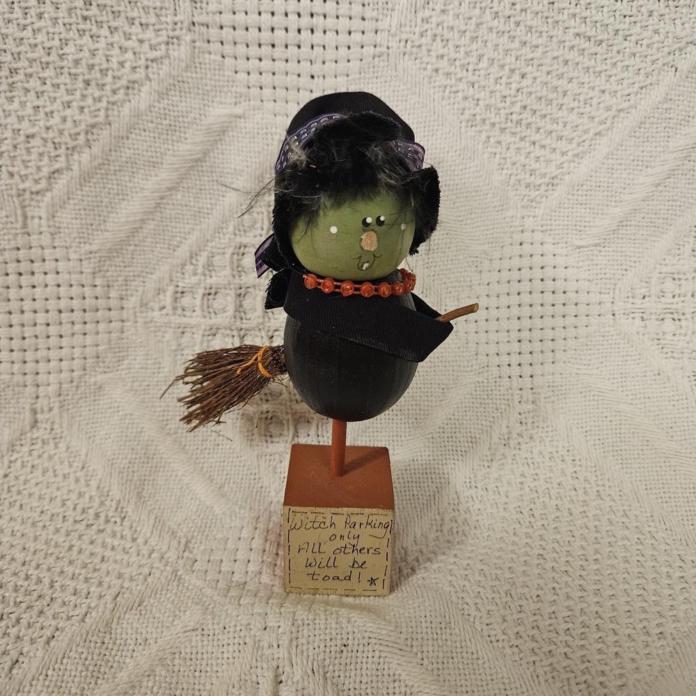 Vintage Primitive Folk Art Halloween Humor Witch On Broom Fall Decor Handmade